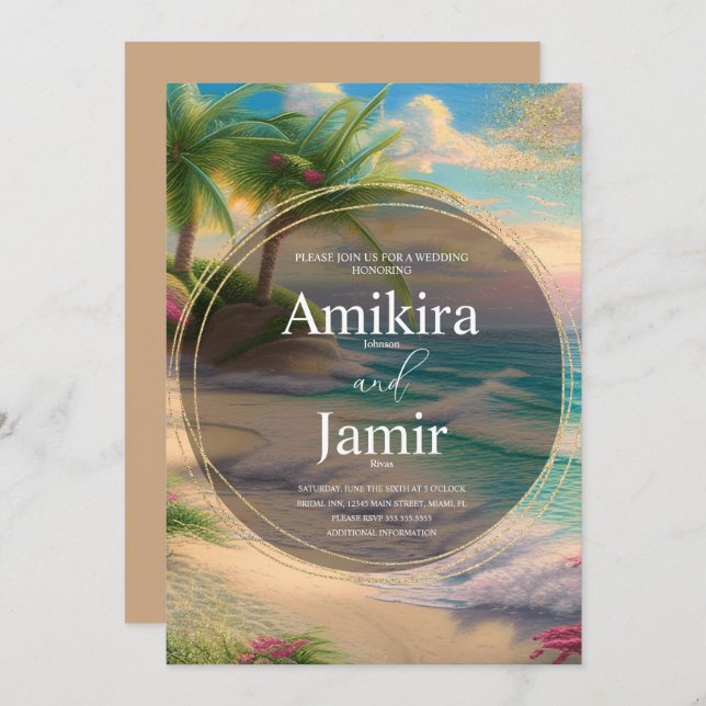 Farbenfrohe Beach Background Glitzer Goldhochzeit Einladung (Vorne/Hinten)