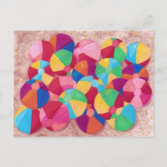 Farbenfrohe Beach Balls Collage auf Sand Postkarte (Vorderseite)