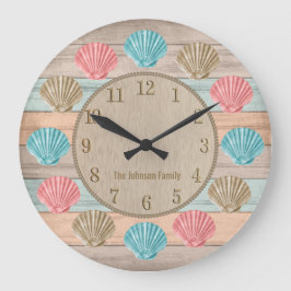 Farbenfrohe Beach Wood Nautical Seashells Große Wanduhr