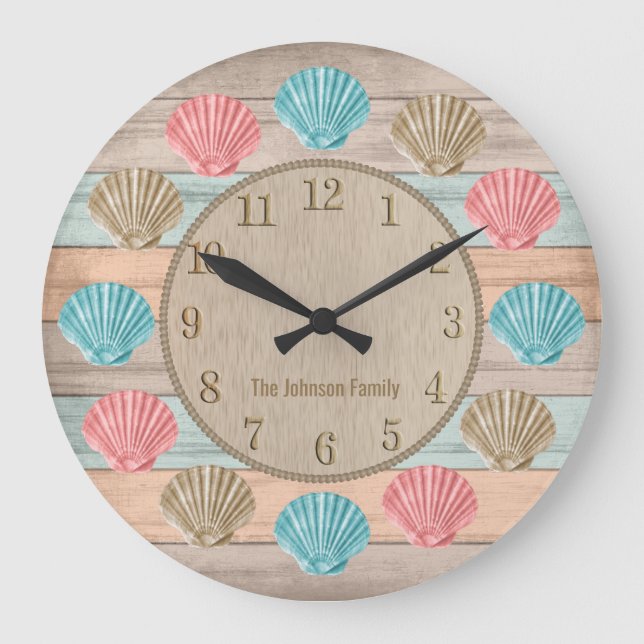 Farbenfrohe Beach Wood Nautical Seashells Große Wanduhr (Vorderseite)