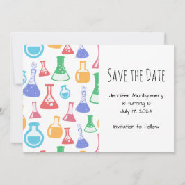 Farbenfrohe Beakers und Flasken-Wissenschaftsmuste Save The Date