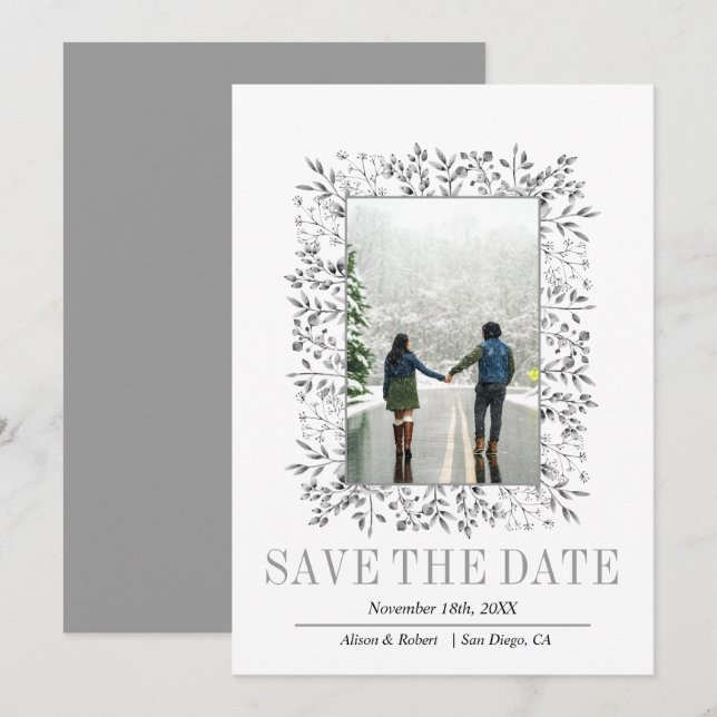 Farbenfrohe Beeren Blätter grenzen an graue Winter Save The Date (Vorne/Hinten)