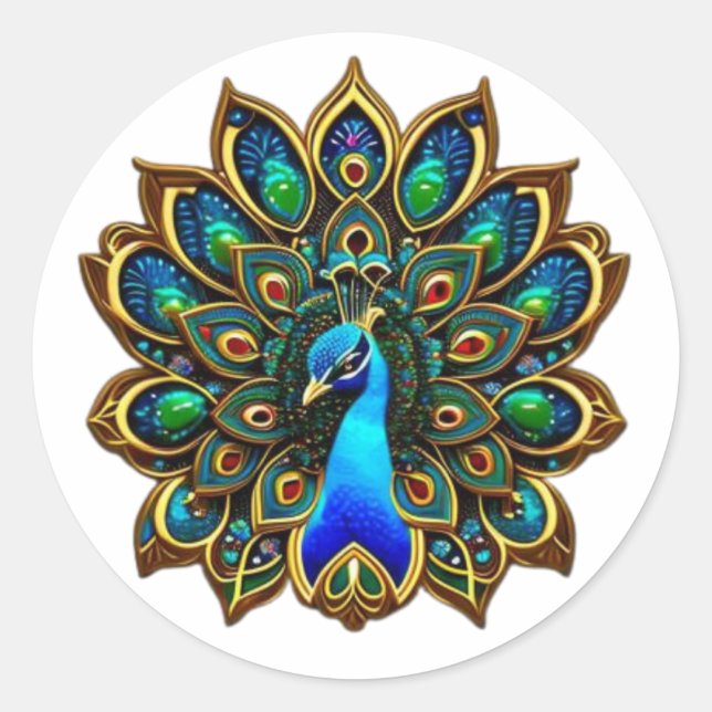 Farbenfrohe Bejewele Plumage Peacock Runder Aufkleber (Vorderseite)
