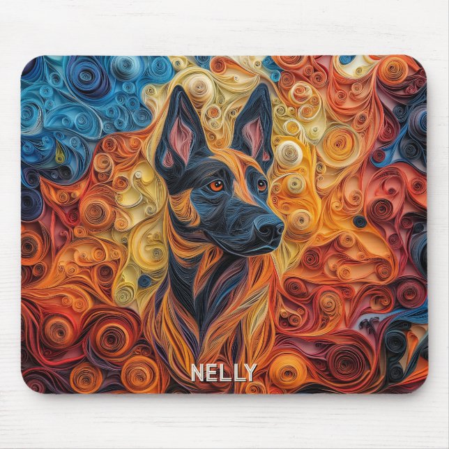 Farbenfrohe belgische Malinois-Papierquillportrait Mousepad (Vorne)