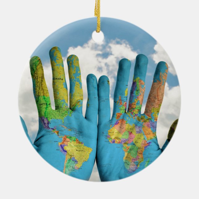 Farbenfrohe bemalte Weltkarte in Handarbeit, Art F Keramik Ornament (Hinten)