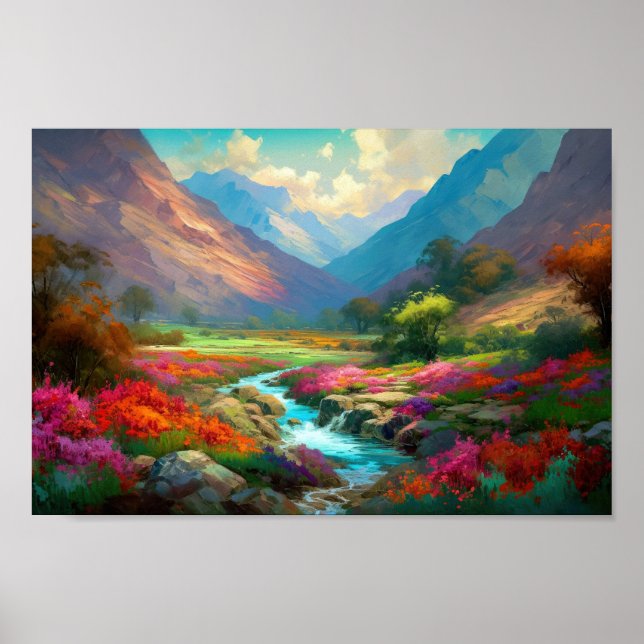 Farbenfrohe Berge, blaue Himmel, Blume und Fluss Poster (Vorne)