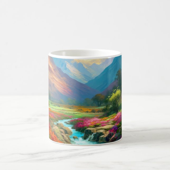 Farbenfrohe Berglandschaft, Blume und River Poster Kaffeetasse (Mittel)