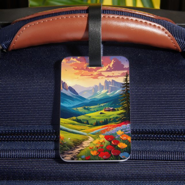 Farbenfrohe Bergszene mit Blumen Gepäckanhänger (Rückseite Insitu 4)