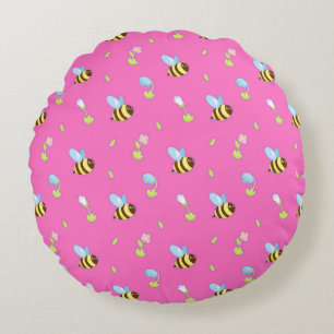 Farbenfrohe Bienen und Blumen Rundes Kissen