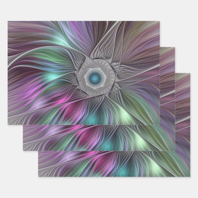 Farbenfrohe Big Blume Abstrakte Trippy Fraktal Art Geschenkpapier Set (Set)