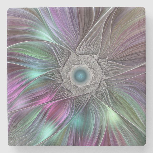 Farbenfrohe Big Blume Abstrakte Trippy Fraktal Art Steinuntersetzer (Vorderseite)