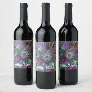 Farbenfrohe Big Blume Abstrakte Trippy Fraktal Art Weinetikett