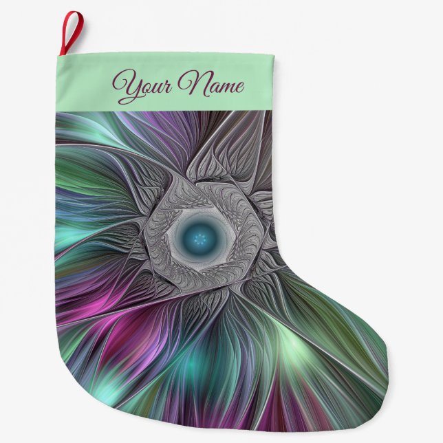 Farbenfrohe Big Blume Abstrakter Trippy Fraktal Na Großer Weihnachtsstrumpf (Vorderseite)