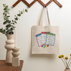 Farbenfrohe Bingo-Spielkarten mit Chips Tragetasche