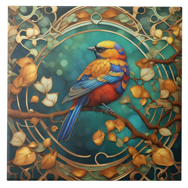 Farbenfrohe Bird Art Nouveau Art Deco Fliese (Vorderseite)