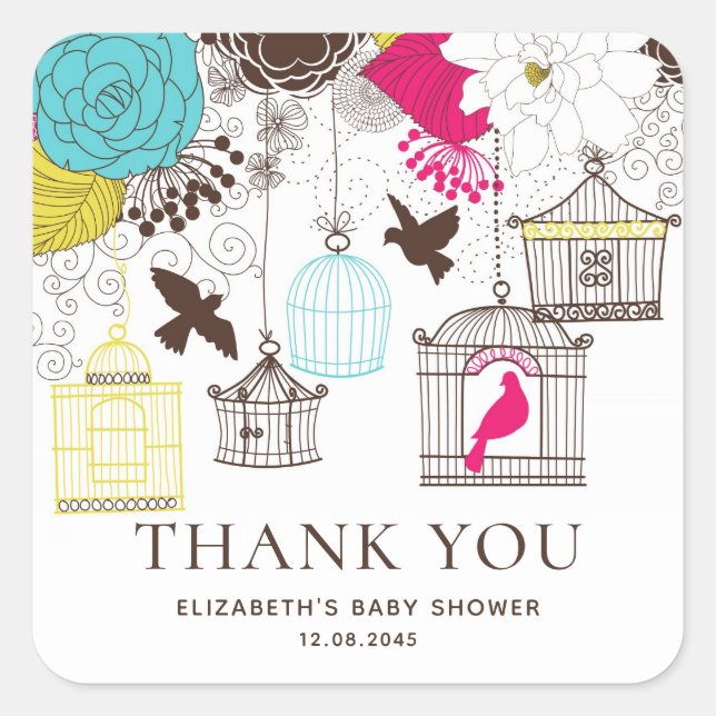 Farbenfrohe Birdcages Kinderdusche Danke Sticker (Vorderseite)
