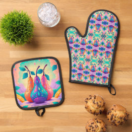 Farbenfrohe Birne Ofenhandschuh & Topflappen-Set