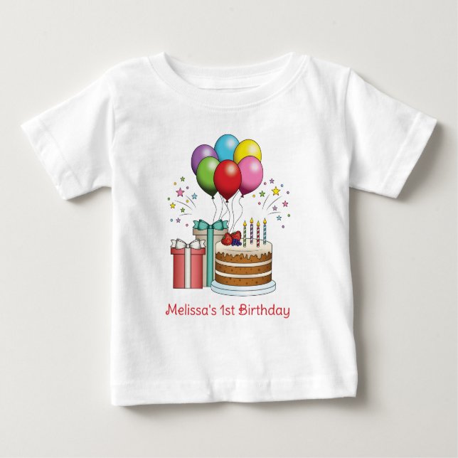 Farbenfrohe Birthday Balloons mit Kuchen und Gesch Baby T-shirt (Vorderseite)