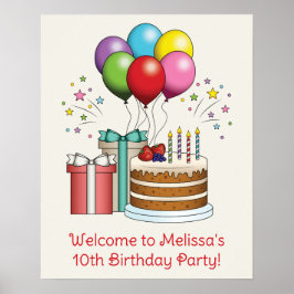 Farbenfrohe Birthday Balloons mit Kuchen und Gesch Poster