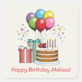 Farbenfrohe Birthday Balloons mit Kuchen und Gesch Quadratischer Aufkleber