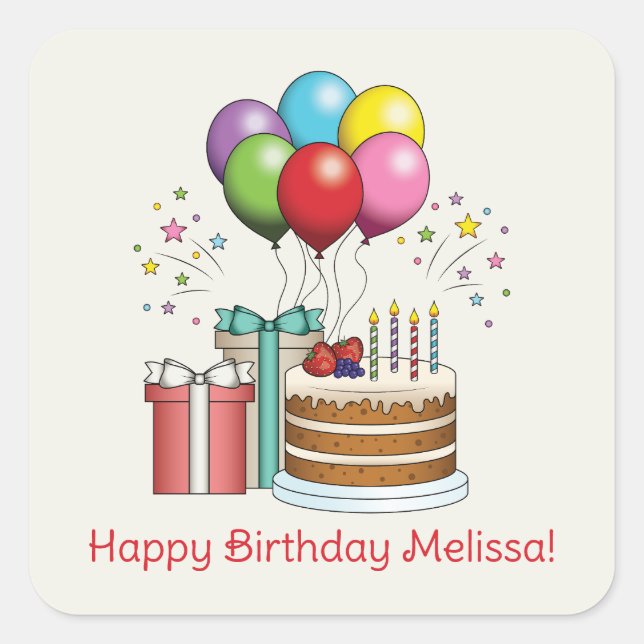 Farbenfrohe Birthday Balloons mit Kuchen und Gesch Quadratischer Aufkleber (Vorderseite)