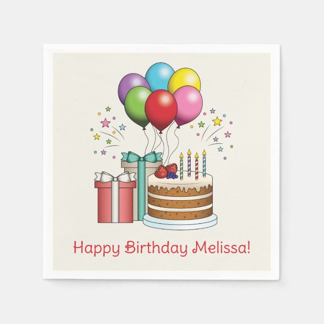 Farbenfrohe Birthday Balloons mit Kuchen und Gesch Serviette (Vorderseite)