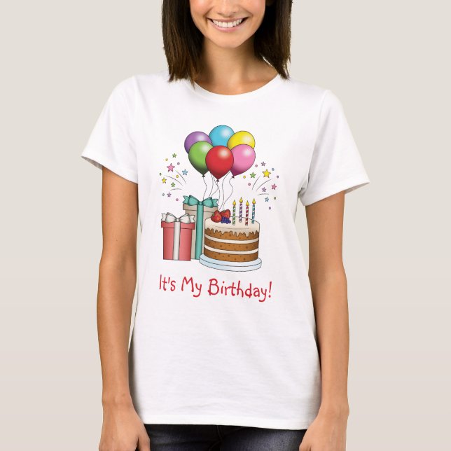Farbenfrohe Birthday Balloons mit Kuchen und Gesch T-Shirt (Vorderseite)
