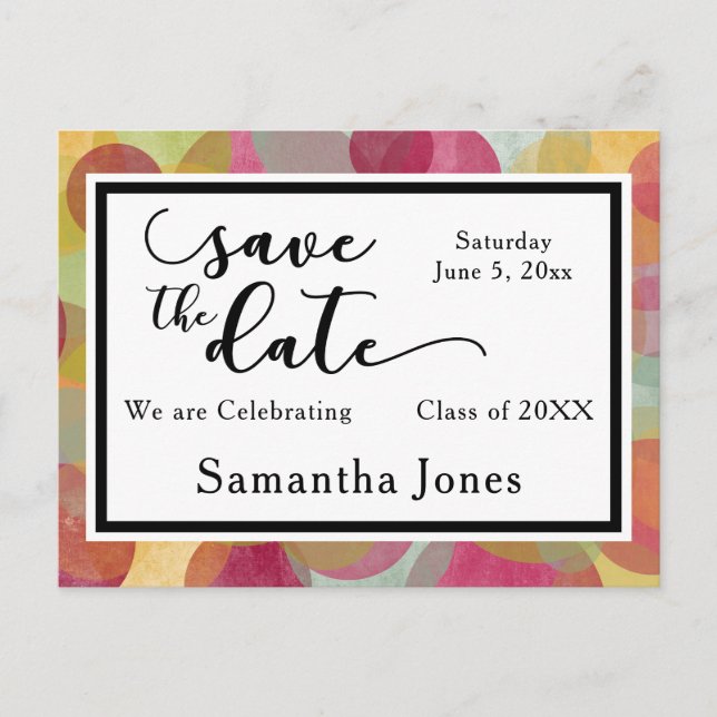 Farbenfrohe Blasen Design: Abschluss Save the Date Postkarte (Vorderseite)