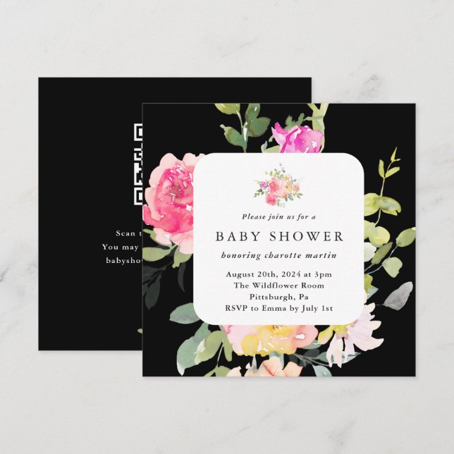 Farbenfrohe BläserBaby-Dusche QR-Code Schwarz Einladung (Vorne/Hinten)