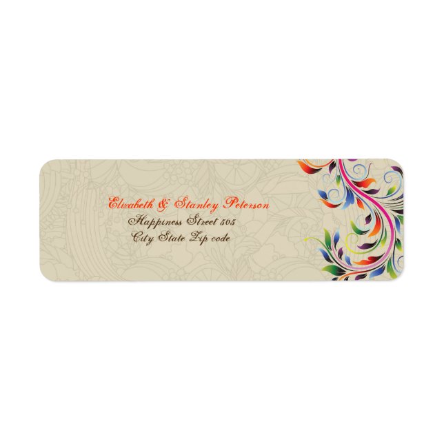 Farbenfrohe Blätter auf beigem Hochzeitslabel (Vorne)