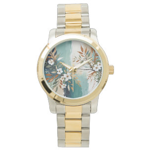 Farbenfrohe Blätter BlütenAbstrakt Aquamarin Blaue Armbanduhr