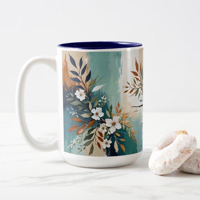 Farbenfrohe Blätter BlütenAbstrakt Aquamarin Blaue Zweifarbige Tasse (Mit Donut)