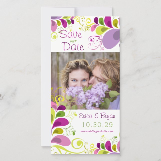 Farbenfrohe Blätter mit Blumenmuster Save the Date (Vorderseite)