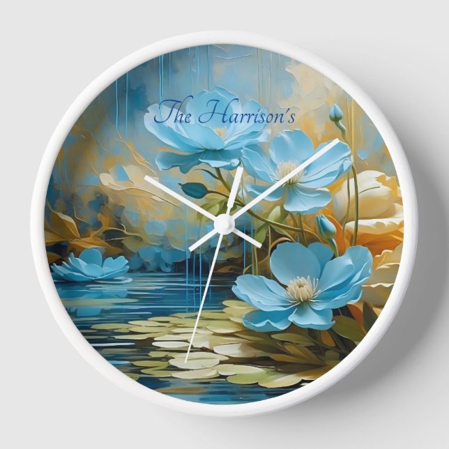 Farbenfrohe blaue Blume mit bearbeitbarer Wanduhr (Vorderseite)