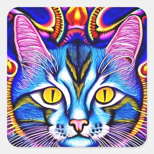 Farbenfrohe blaue Katze mit fierce Eyes Ai Art Quadratischer Aufkleber (Vorderseite)
