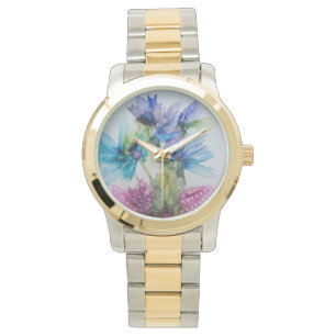 Farbenfrohe blaue Lila rosa grüne Blumenkunst Armbanduhr