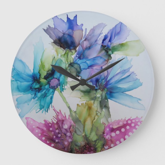 Farbenfrohe blaue Lila rosa grüne Blumenkunst Große Wanduhr (Vorderseite)