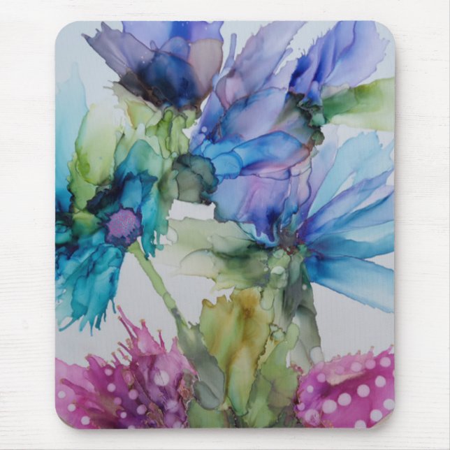 Farbenfrohe blaue Lila rosa grüne Blumenkunst Mousepad (Vorne)