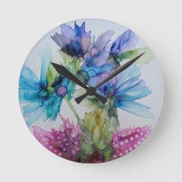 Farbenfrohe blaue Lila rosa grüne Blumenkunst Runde Wanduhr