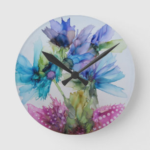 Farbenfrohe blaue Lila rosa grüne Blumenkunst Runde Wanduhr