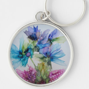 Farbenfrohe blaue Lila rosa grüne Blumenkunst Schlüsselanhänger
