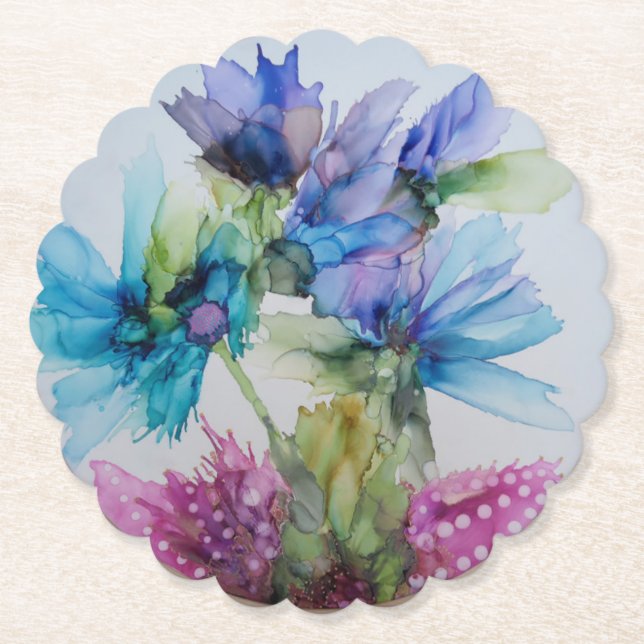 Farbenfrohe blaue Lila rosa grüne Blumenkunst Untersetzer (Vorderseite)