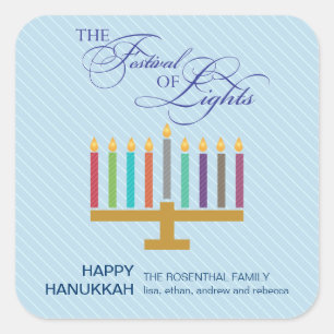 Farbenfrohe Blaue Menorah Hanukkah Quadratischer Aufkleber