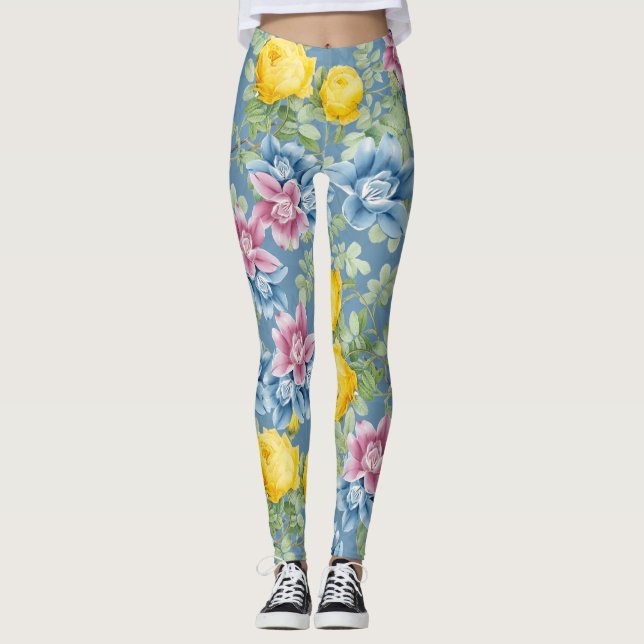 Farbenfrohe blaue Rose Muster Sommermode trendy Leggings (Vorderseite)
