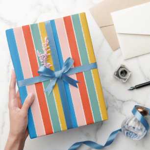 Farbenfrohe blaue rote rosa festliche Streifen Geschenkpapier