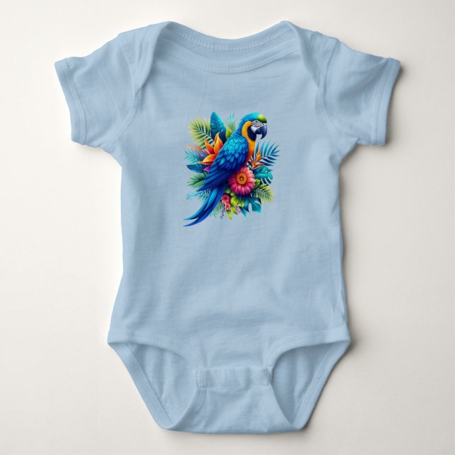 Farbenfrohe, blaue tropische Maca Baby Strampler (Vorderseite)