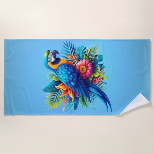 Farbenfrohe, blaue tropische Maca Strandtuch (Vorderseite)