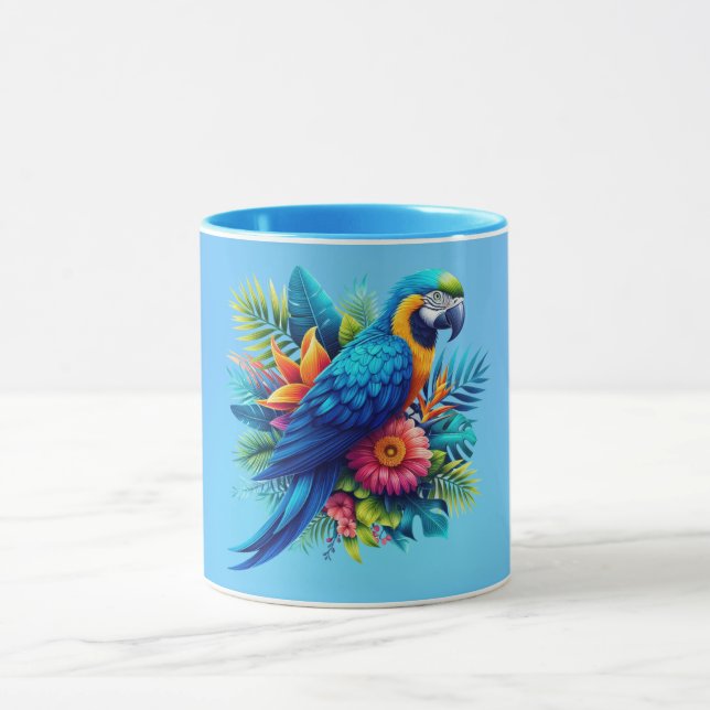 Farbenfrohe, blaue tropische Maca Tasse (Zentrum)