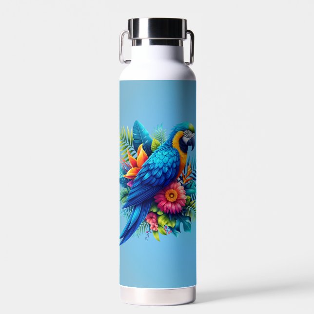 Farbenfrohe, blaue tropische Maca Trinkflasche (Vorne)