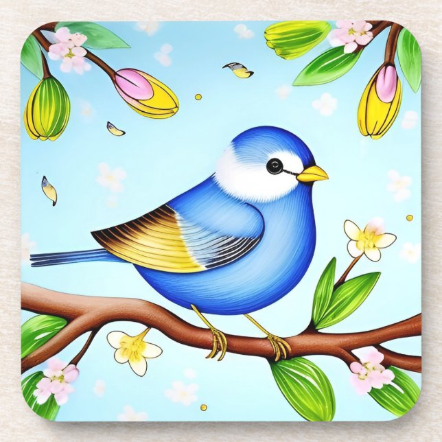 Farbenfrohe Blaue Vögel auf einer blühenden Branch Getränkeuntersetzer (Vorderseite)